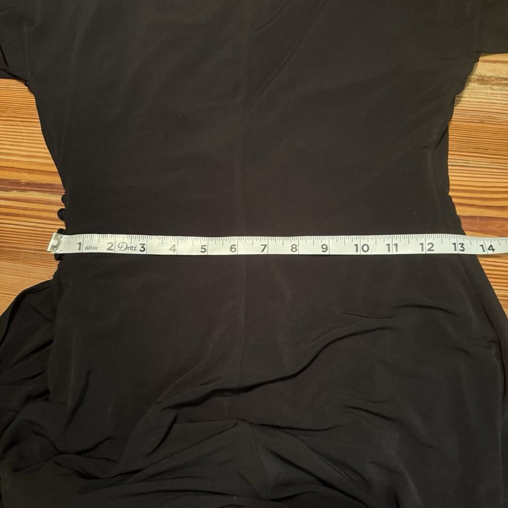 J Peterman Cocktail Dress LBD Sz 6 Black Ruched Rhinestones Ruffle Button Detail - Picture 14 of 16